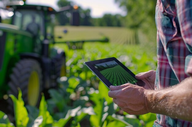 Photo a person is using a tablet with the screen showing the green text on it