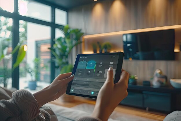 Photo a person is using a tablet with smart home app in modern living room adjusting a temperature