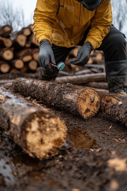 Photo a person is using a tool to cut down a log