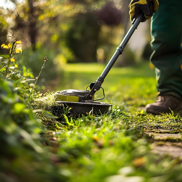 Photo a person is using a weed trimmer to trim the edges of a lawn