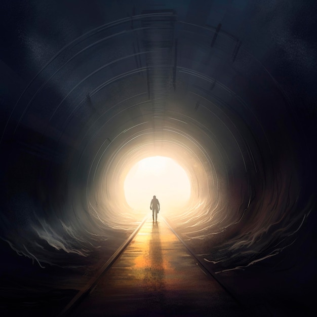 A person is walking in a dark tunnel with the light at the end.