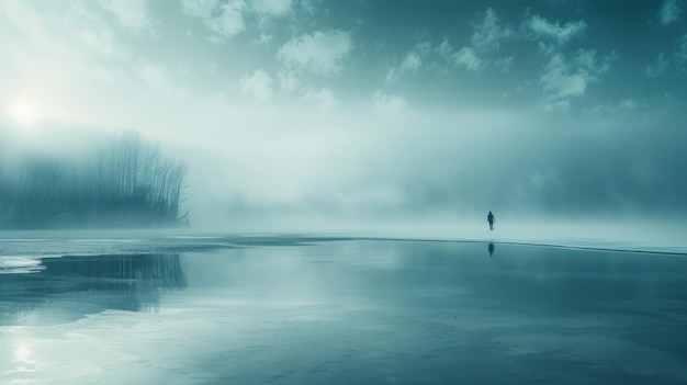 A person is walking on a foggy lake