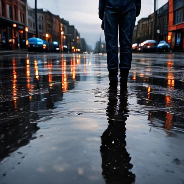 Photo a person is walking in the rain in front of a building with a reflection of a man in a puddle