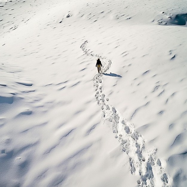 a person is walking in the snow with a trail in the snow