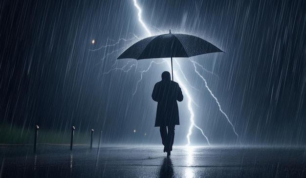 A person is walking under an umbrella in the rain