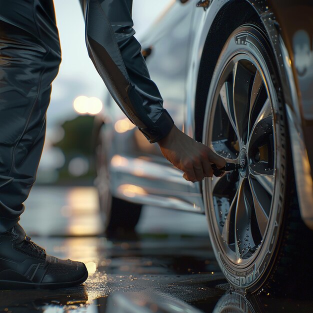 Photo a person is washing a tire with the word quot on it