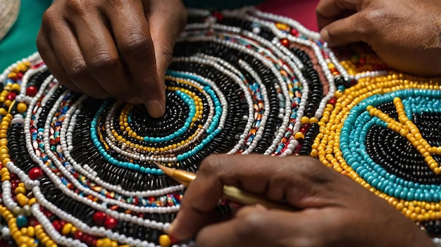 a person is working on a beaded necklace with beads