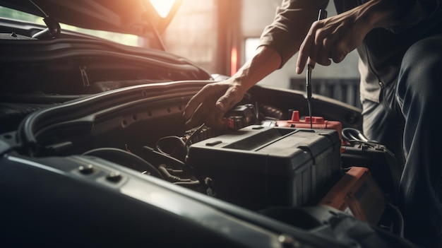 A person is working on a car engine with a battery in their hand.