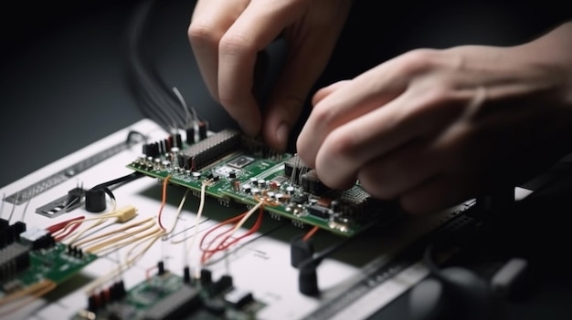 A person is working on a circuit board with a red and black wire.