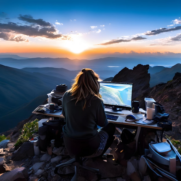 Photo a person is working at a computer with a sunset in the background