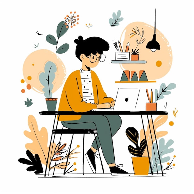 A person is working on laptop at stylish desk surrounded by plants and decorative items creating vibrant and inspiring workspace