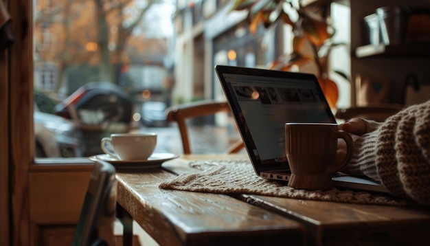 Photo a person is working on a laptop in a tranquil cafe with plants and natural light aig