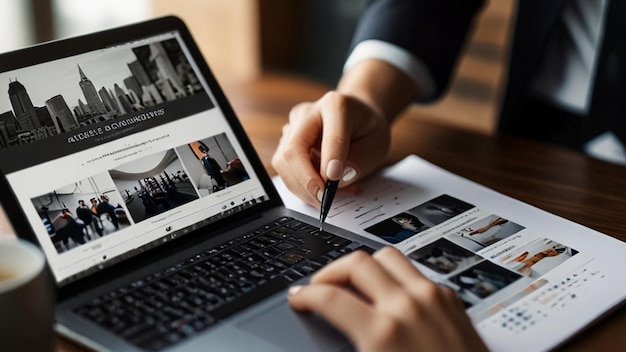 a person is working on a laptop with a pen in the corner of the screen