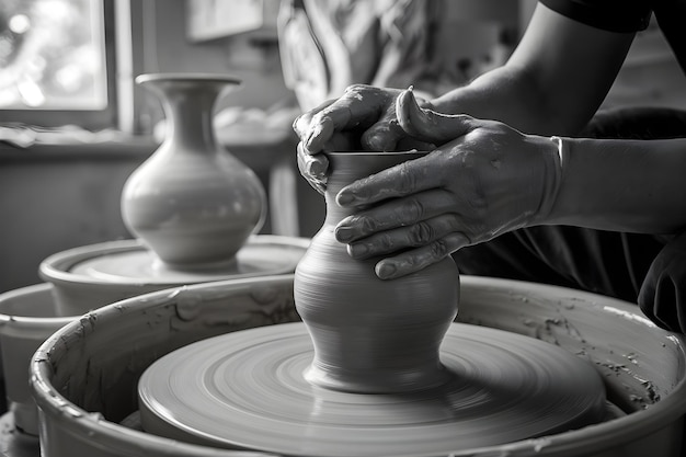 a person is working on a pottery wheel with a hand on it