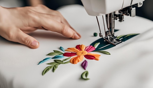 Photo a person is working on a sewing machine and the flowers are on the table