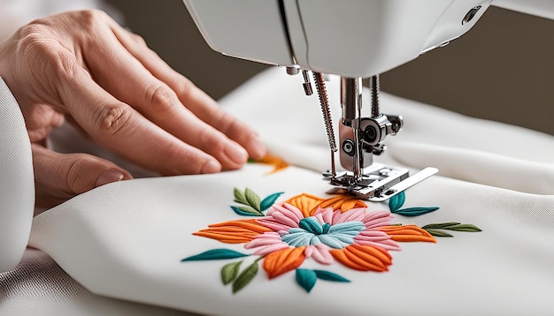 Photo a person is working on a sewing machine with a floral embroidery