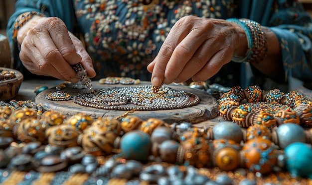 Photo a person is working on a table with beads and beads