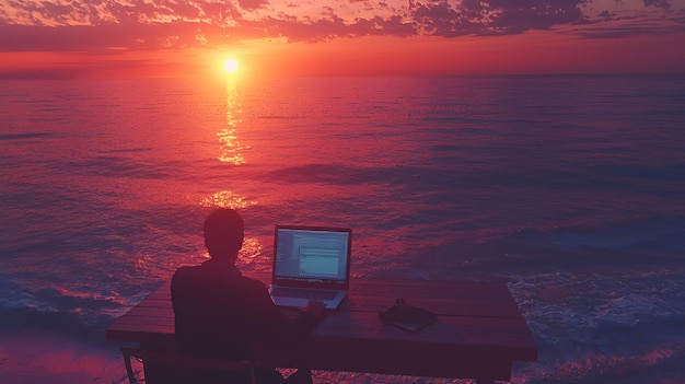 Photo a person is working on their laptop at a table on a beach during a sunset