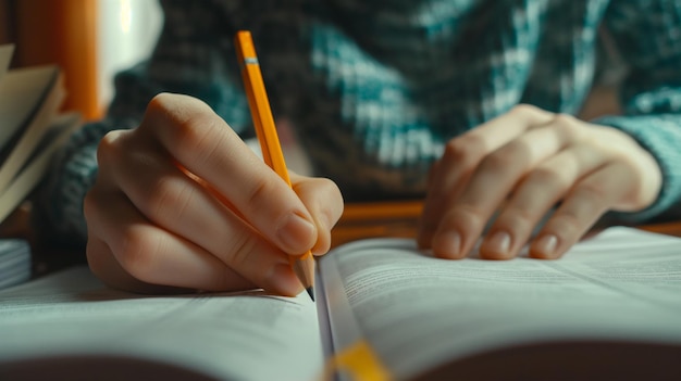 a person is writing in a book with a pencil in their hand