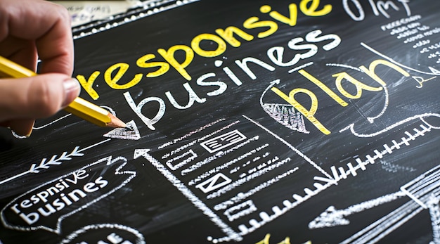 A person is writing on a chalkboard with the words Responsive Business Plan in