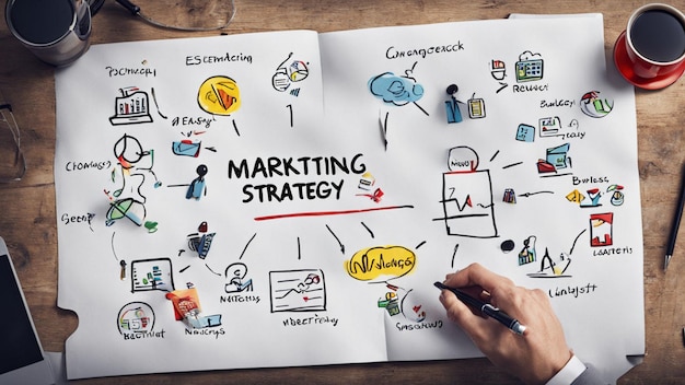 a person is writing a chart that says  marketing strategy