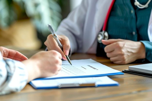 Photo a person is writing in a document with a pen