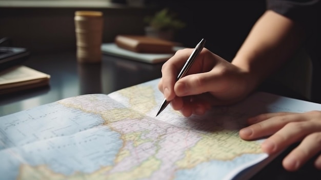 A person is writing on a map with a pen.