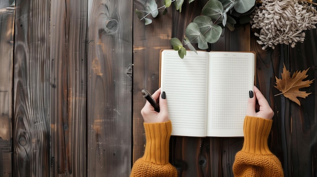 Person is writing in notebook on wooden table decorated with leaves and eucalyptus branches