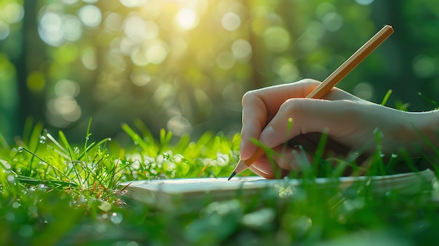 Photo a person is writing on a paper with a pencil in the grass