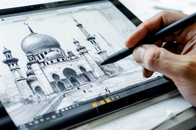 Photo a person is writing a pen on a tablet with a drawing of a mosque on it