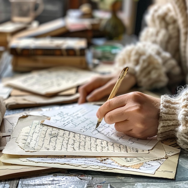 Photo a person is writing on a piece of paper with a pen in it