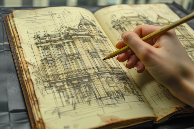 a person is writing a sketch of a building with a pencil