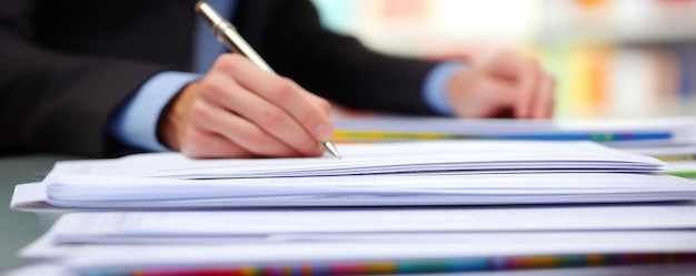 Photo a person is writing on a stack of books with a pen