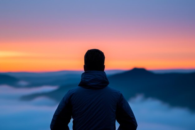 Photo a person in a jacket gazes at a serene mountain sunset symbolizing solitude and reflection during wi