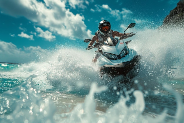 Photo person on jet ski creates foam while riding on ocean