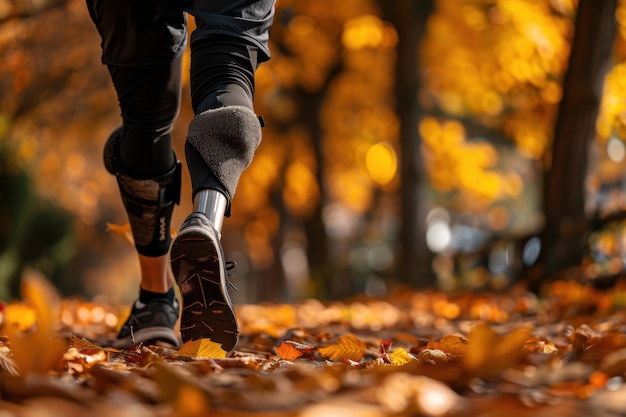 Person jogging with prosthetic leg in autumn park