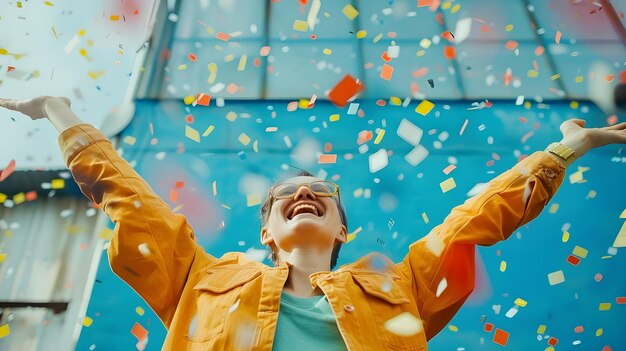 Photo person joyfully celebrating personal success