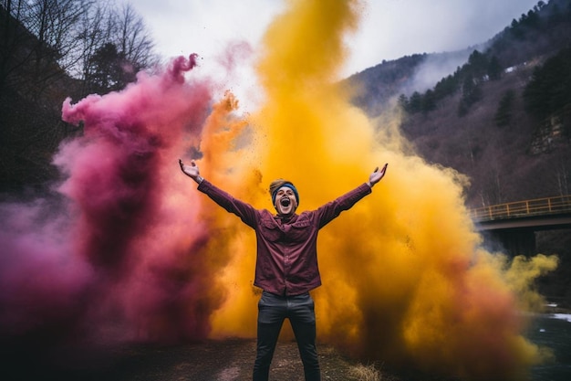 Photo a person jumping for joy with colorful smoke jumping for joy photos988jpg