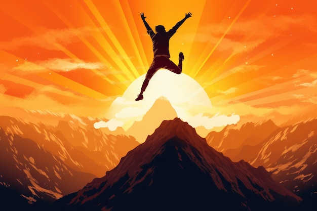 A person jumping on a mountain with the sun setting behind them