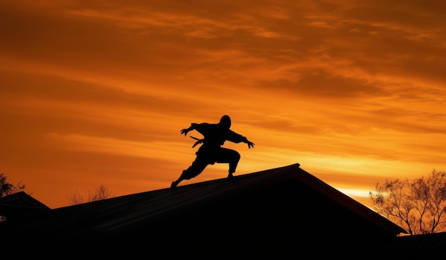 a person jumping on a roof with a sunset in the background