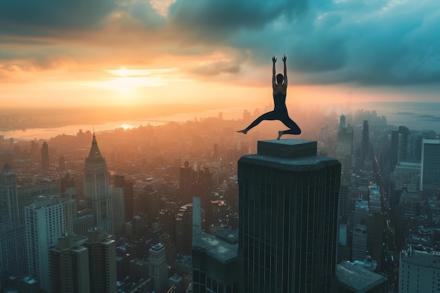 A person jumps off a skyscraper soaring through the air against the backdrop of the cityscape A person in a yoga pose atop a skyscraper overlooking the city AI Generated