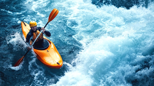 Person kayaking through rough whitewater rapids wearing a yellow helmet and life jacket paddling an orange kayak amidst turbulent waves