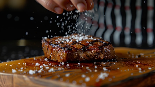 A person in a kitchen sprinkling salt onto a perfectly cooked medium rare steak