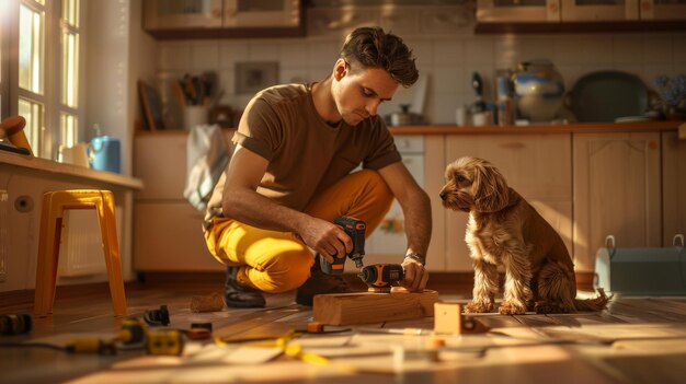 Photo a person kneels to drill a piece of wood as a curious dog watches on