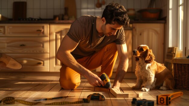 Photo a person kneels to drill a piece of wood as a curious dog watches on