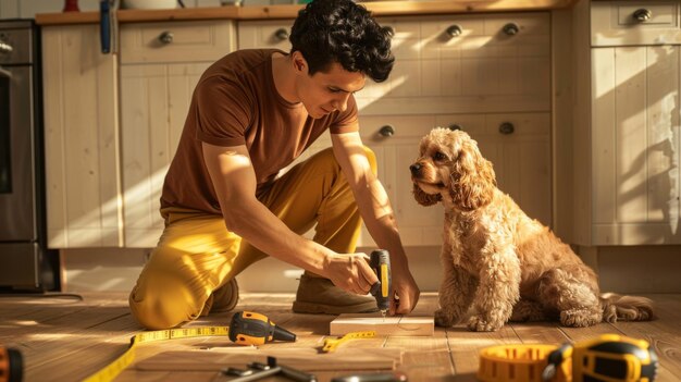 Photo a person kneels to drill a piece of wood as a curious dog watches on