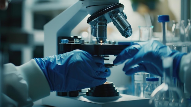 Person in lab coat and blue gloves using microscope suitable for scientific research projects