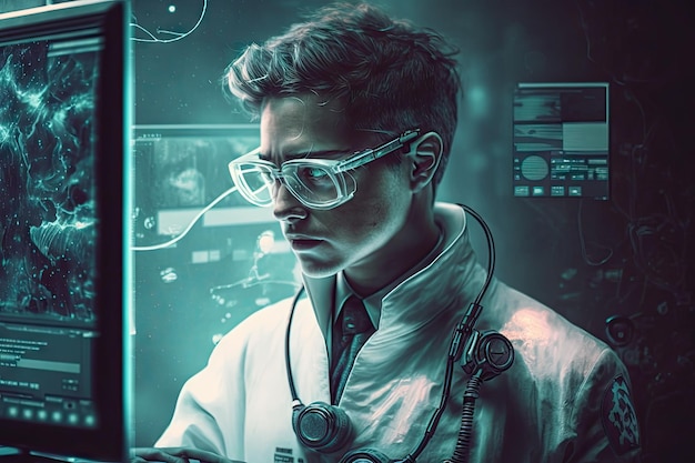 Person in lab coats and glasses researching futuristic nanotechnologies created with generative ai