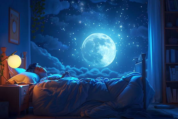 A person laying in a bed under a night sky