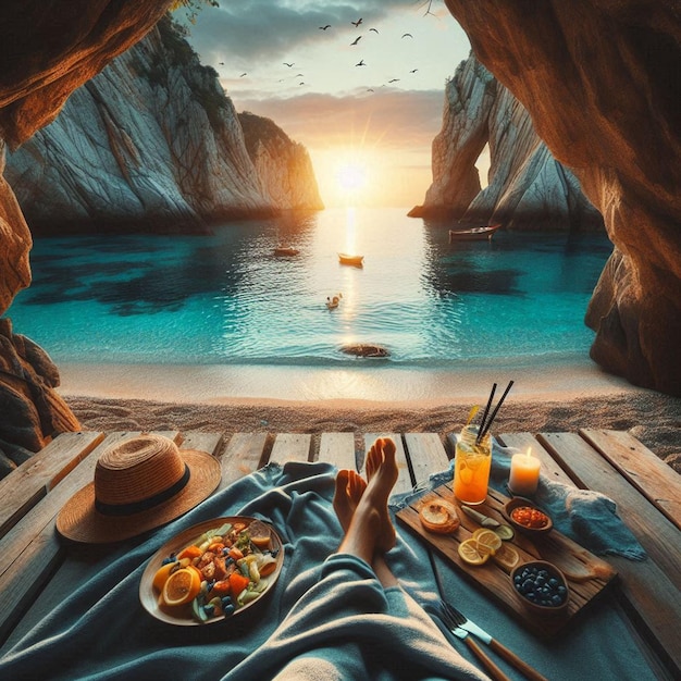 a person laying on a bed with a tray of food and a sunset in the background